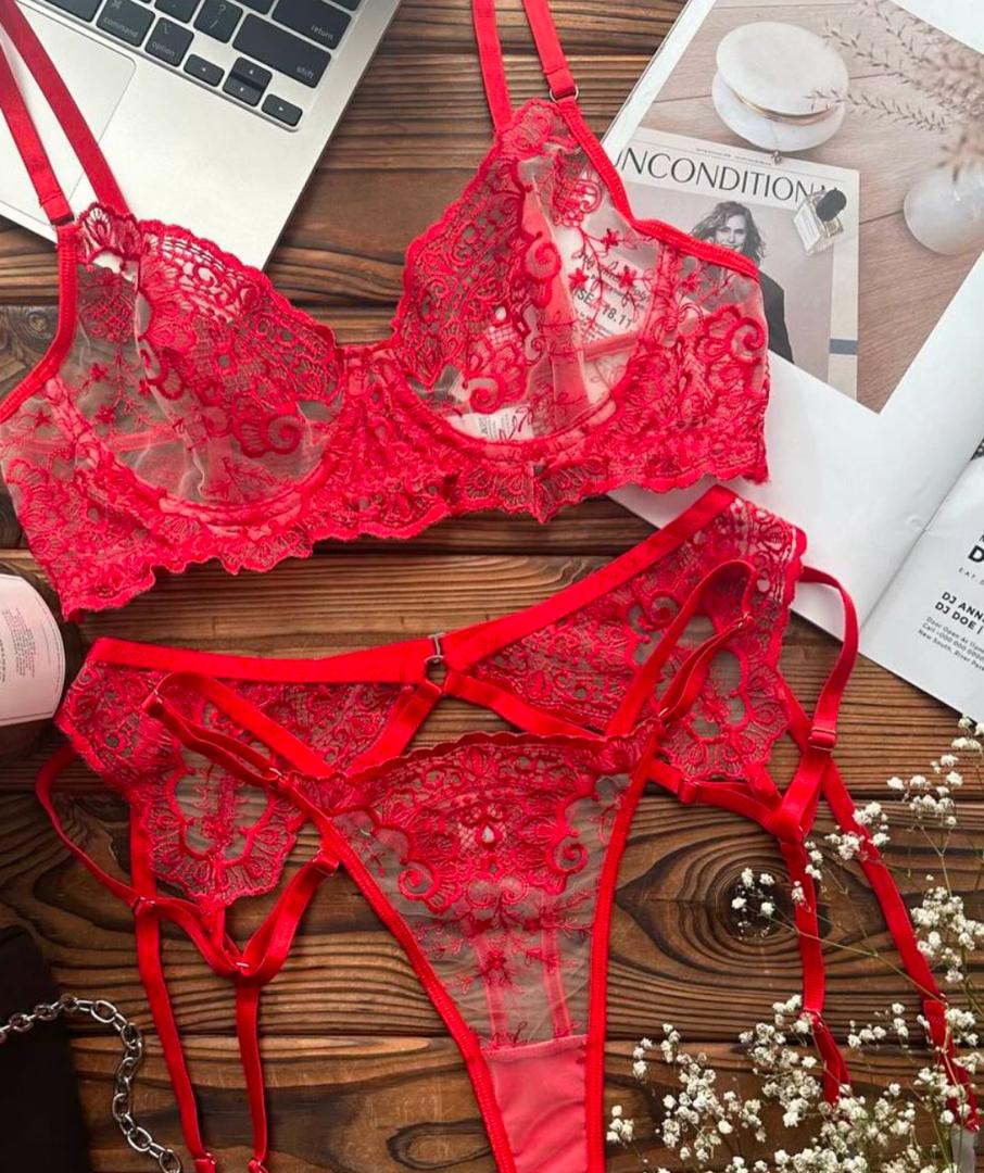 Ruby Lace Red Strappy Garter Lingerie Set