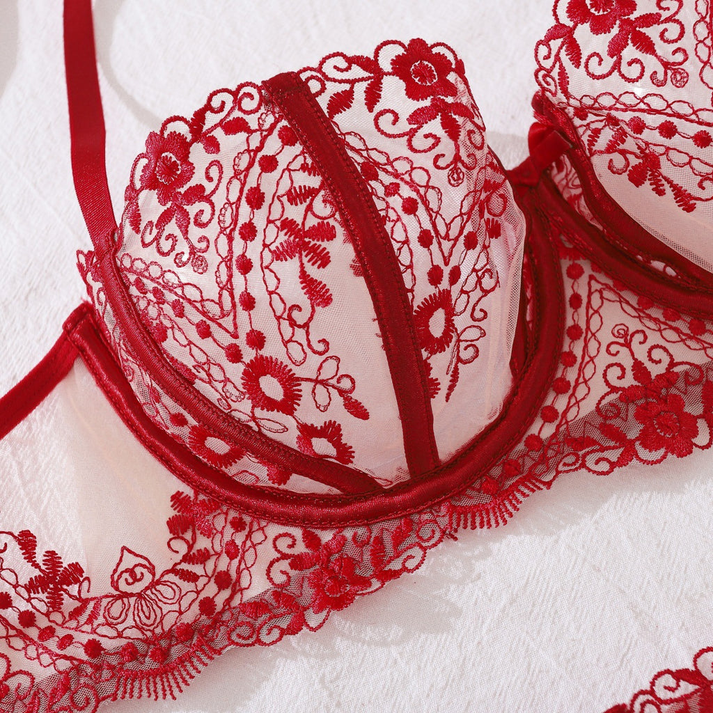 Scarlet Muse Embroidered Red Garter Lingerie Set