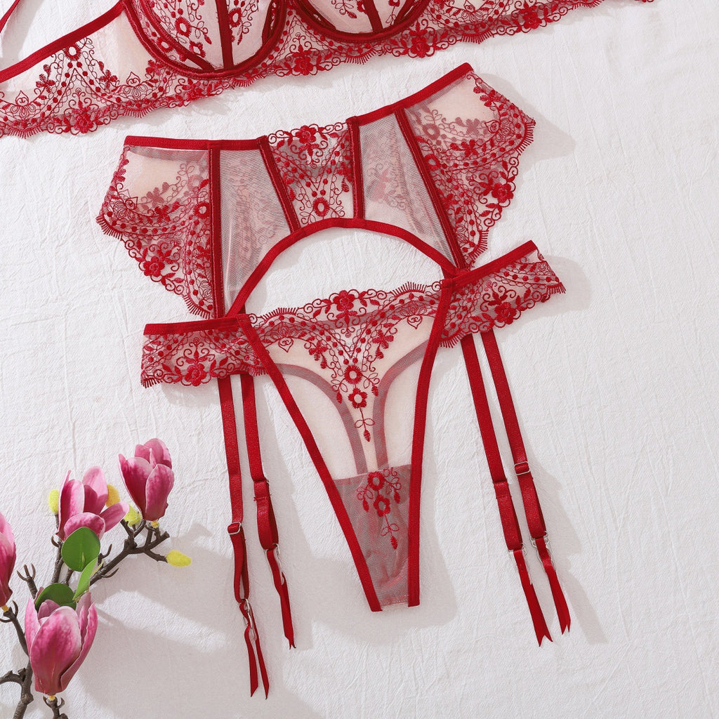 Scarlet Muse Embroidered Red Garter Lingerie Set