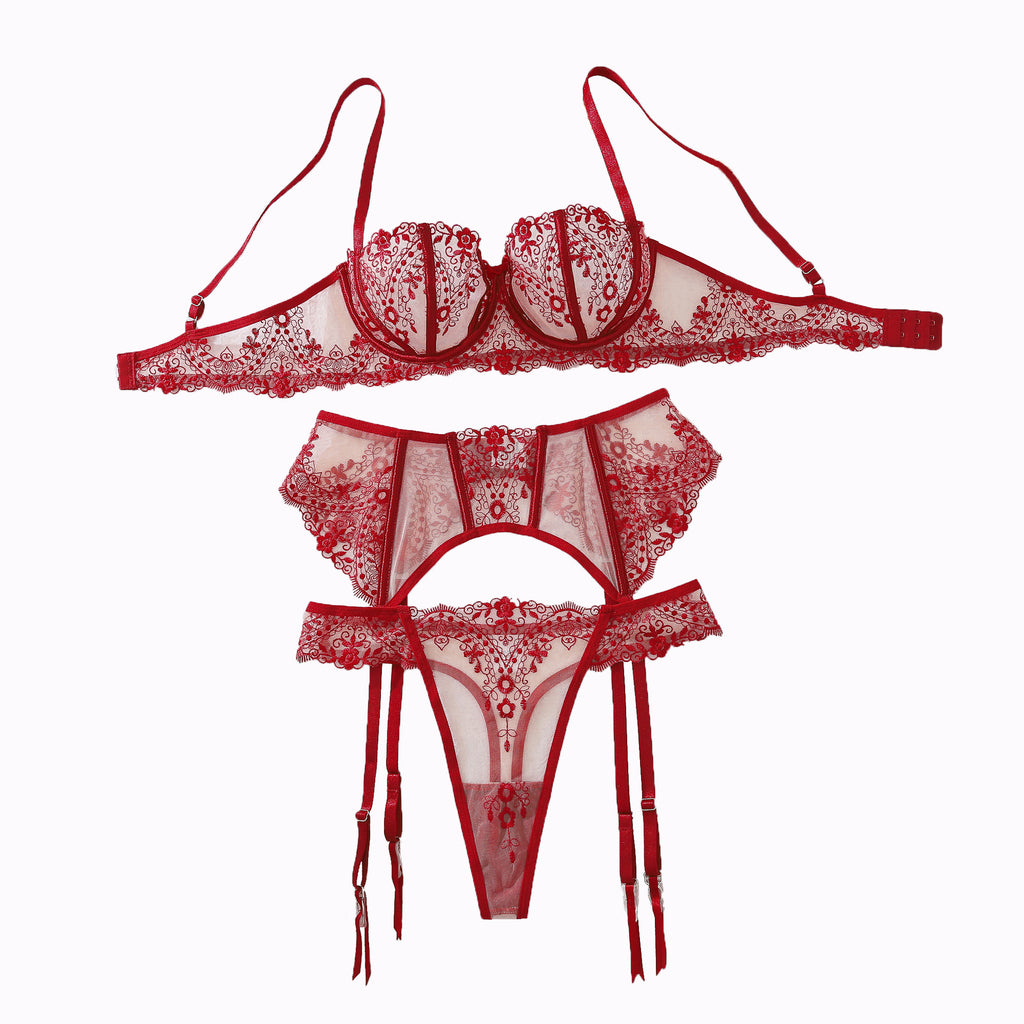 Scarlet Muse Embroidered Red Garter Lingerie Set