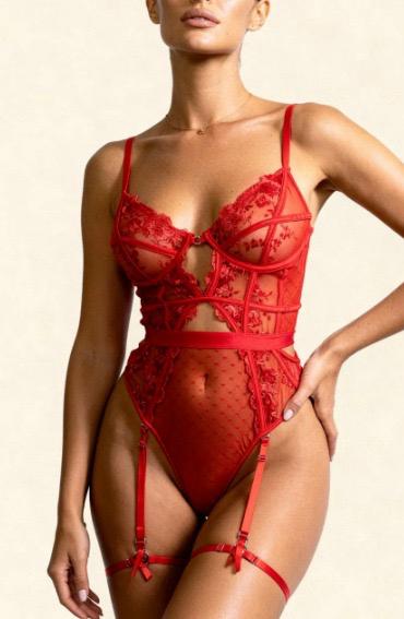 Scarlet Lace Red Corset Bodysuit with Garter Straps