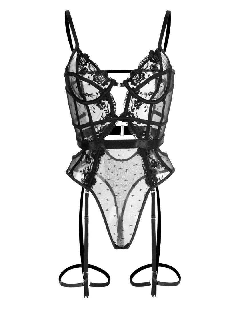 Scarlet Lace Black Corset Bodysuit with Garter Straps