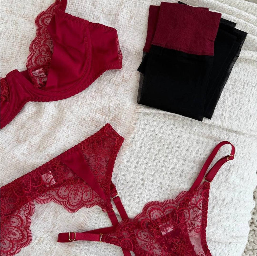 Scarlet Lace Red Garter Set with Stockings – Luxury Satin & Lace Lingerie Set