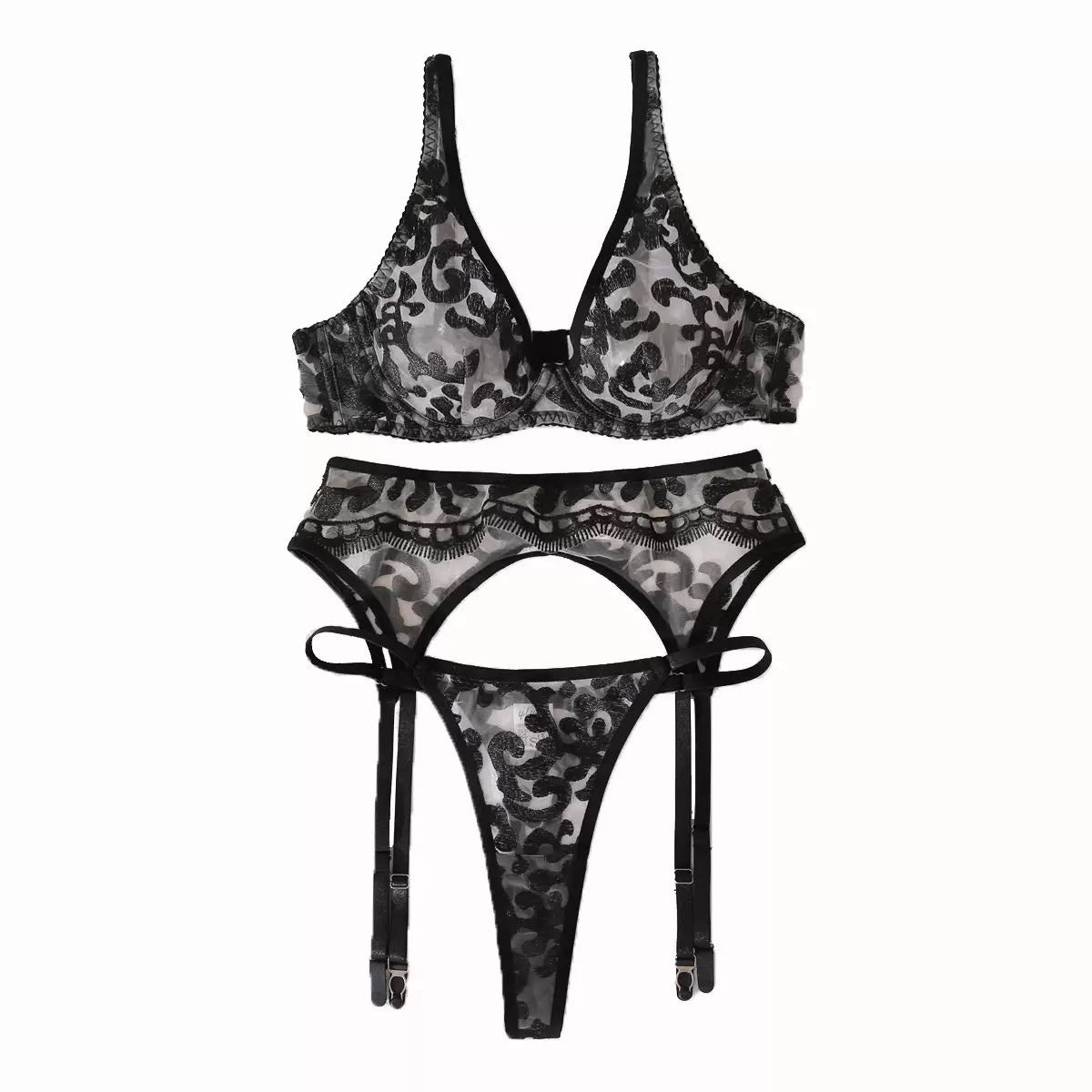 Scarlet, Black Embroidered Garter Set