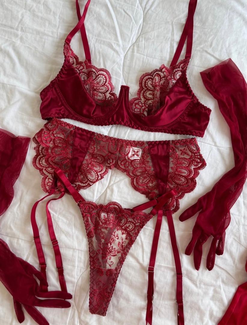 Burgundy Lace Garter Set with Gloves