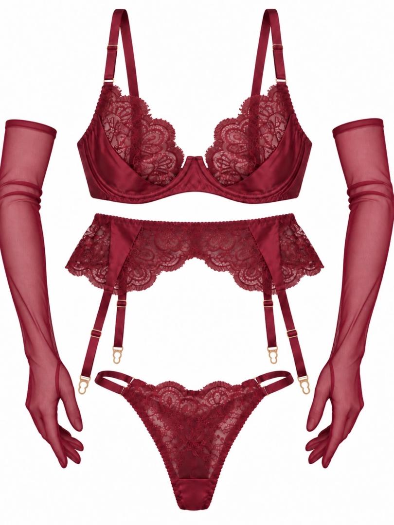 Burgundy Lace Garter Set with Gloves