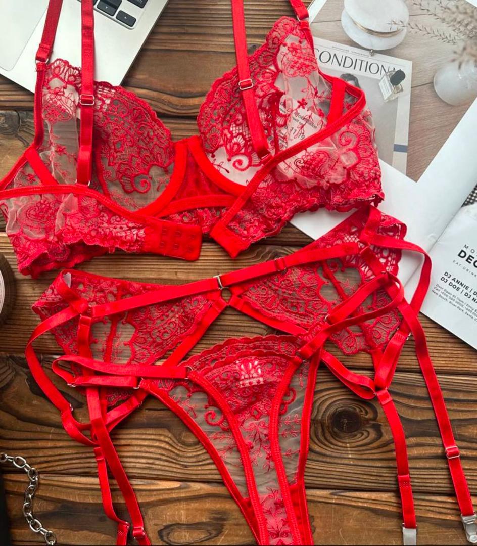 Ruby Lace Red Strappy Garter Lingerie Set