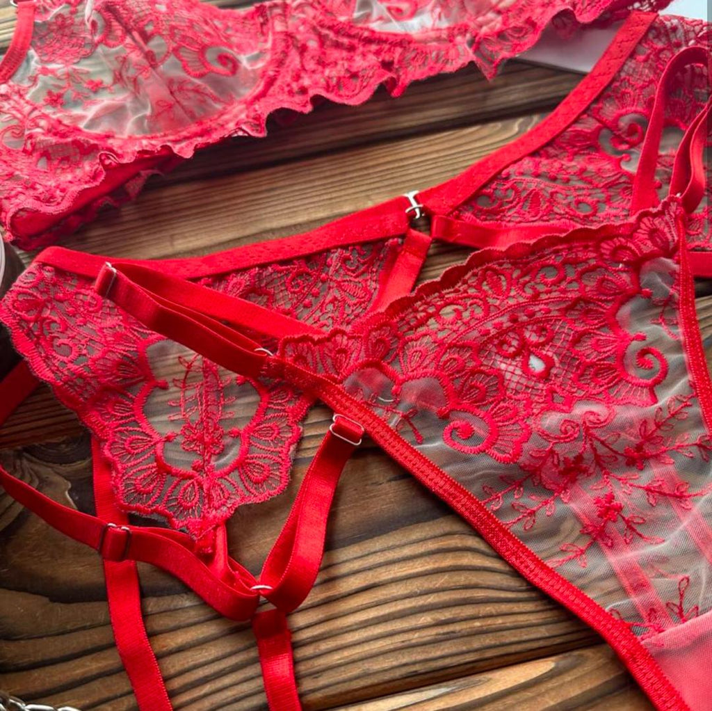 Ruby Lace Red Strappy Garter Lingerie Set