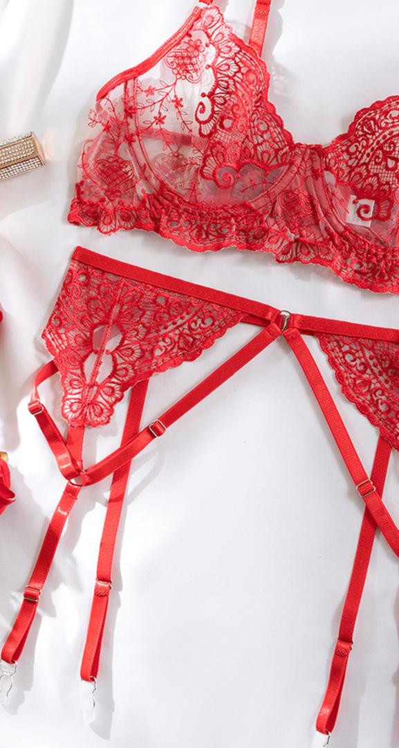 Ruby Lace Red Strappy Garter Lingerie Set