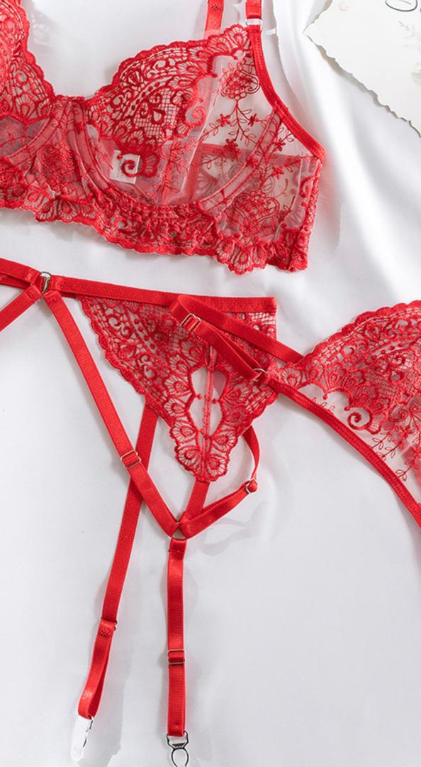 Ruby Lace Red Strappy Garter Lingerie Set